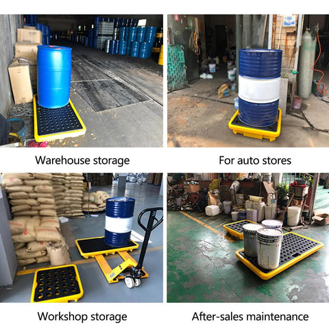 Stackable Industrial Drum Spill Pallet With Drain Modular Workhorse Heavy Duty Containment Platform in warehouse scene