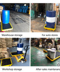 Warehouse and workshop use of stackable industrial drum spill pallet with drain, bright yellow steel containment tray