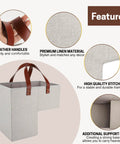 Stair Basket Organizer For Carpeted And Wooden Stairs Foldable 16L X 10W X 16H With Sturdy Handles in naturel beige with features.