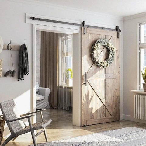 8 Foot Sliding Barn Door Hardware Kit With Track And Pull Handle Set visible in modern living room installation for 42-48 inch doors.