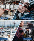 Collage showing uses of 1500 Piece Heat Shrink Butt Connector Kit for Marine and Auto Wiring in industry, automotive, marine, motorcycle.
