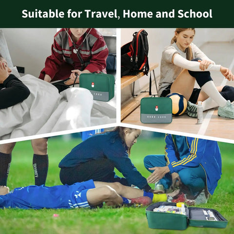 Grab And Go Empty First Aid Bag For Outdoor Use shown in various scenarios, including travel, home, and sports settings.