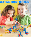 Children using Epic 170 Piece STEM Building Toys Kit For Kids Aged 4 8 With 6 Color Tools And 20 Wheels to build dinosaur.