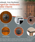 Assorted handmade iron hardware including pulls, brackets, clavos, dummy hinges, hasps, and corner protectors with rustic charm.