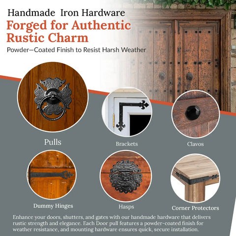 Assorted handmade iron hardware including pulls, brackets, clavos, dummy hinges, hasps, and corner protectors with rustic charm.