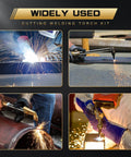 Acetylene Welding And Cutting Torch Kit For Home Garage Projects with sparks and metalwork, includes nozzles and blue storage case.