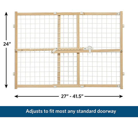 Wooden Wire Mesh Pet Safety Gate Adjustable From 29 To 40.5 Inches Wide And 24 Inches Tall With Powder Coated Frame And Comfort Squeeze Latch