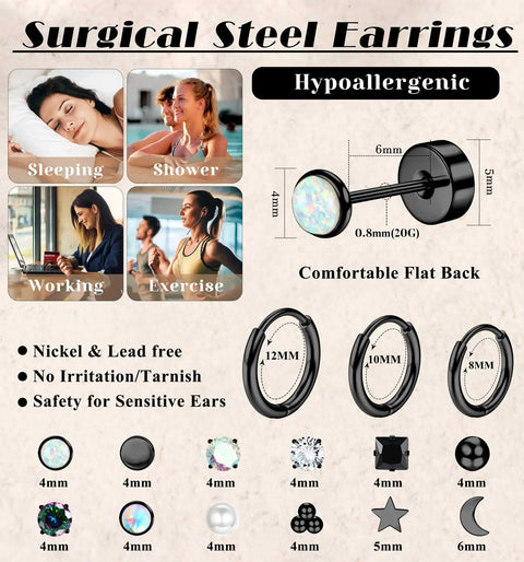 Black Flat Back Earrings For Sensitive Ears Hypoallergenic Surgical Steel Jewelry 316L Stainless Steel Nickel Free And Tarnish Resistant Comfortable All Day Wear With Opal Inlay And AAA Cubic Zirconia, 20G 6mm