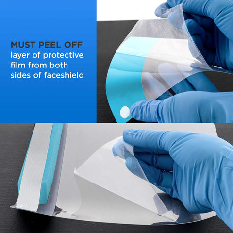 Peeling protective film off ultra clear face shield from 80 Shield Case With 8 Packs Of 10 Ultra Clear Full Face Shields Anti Fog PET Plastic Elastic Headband And Soft Forehead Pad Protect Eyes Nose And Mouth From Droplets Sanitary Splash Guard All Day Comfort