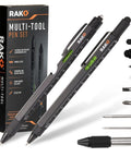 11 In 1 Multitool Pen Set With LED Light And Stylus Screwdrivers Level Ruler Bottle Opener And More Cool Gadgets 2 Pack EDC Tactical Pens Gift For Men Dad Handy Guys Gift Box Ready, black aluminum, with packaging and tool attachments.