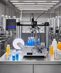 Semi Automatic Round Bottle Labeling Machine Fits 20 To 120 Mm Diameter High Speed Label Applicator with blue bottles and yellow liquid.