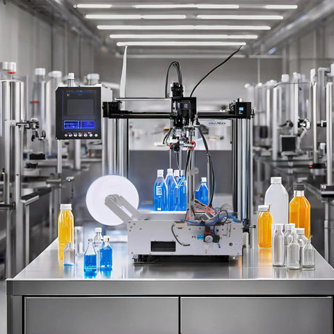 Semi Automatic Round Bottle Labeling Machine Fits 20 To 120 Mm Diameter High Speed Label Applicator with blue bottles and yellow liquid.