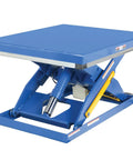 Rides Smooth As Silk Heavy Duty Electric Hydraulic Lift Table With Forty By Forty Eight Inch Steel Platform Four Thousand Pound Capacity Effortless Height Adjustment For Shop Rigs, blue steel design.