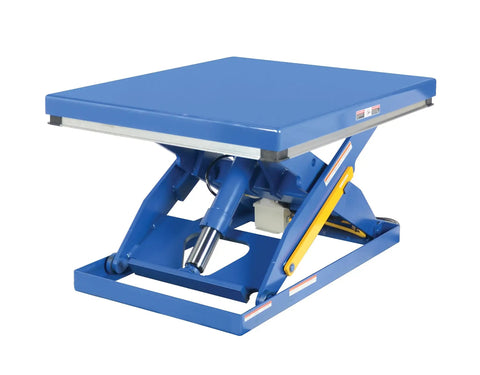 Rides Smooth As Silk Heavy Duty Electric Hydraulic Lift Table With Forty By Forty Eight Inch Steel Platform Four Thousand Pound Capacity Effortless Height Adjustment For Shop Rigs, blue steel design.