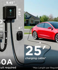 Tesla NACS Level 2 EV Charger Hardwired 48A 11.5kW 240V with 25ft cable charging a red electric car outdoors