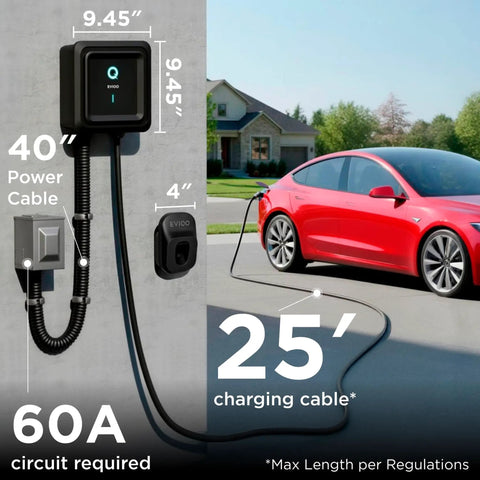 Tesla NACS Level 2 EV Charger Hardwired 48A 11.5kW 240V with 25ft cable charging a red electric car outdoors