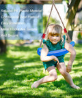 Child on Kids Outdoor Swing Seat With Extra Thick Rope And Adjustable Height From Fifty Five To Seventy One Inches in backyard