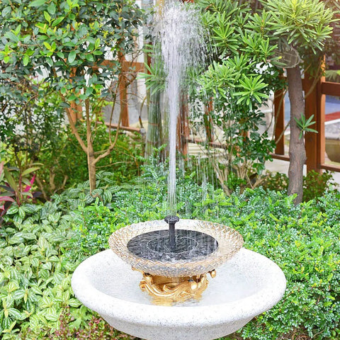 Sun Powered Bird Bath Fountain Pump 1.5W for garden patio pond, floating water pump in sunlight, gentle spray over plants