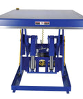 Heavy Duty Electric Hydraulic Lift Table With 48 X 72 Welded Steel Platform 5000 Lb Capacity Osha Compliant Toe Guards front view with hydraulic arms.