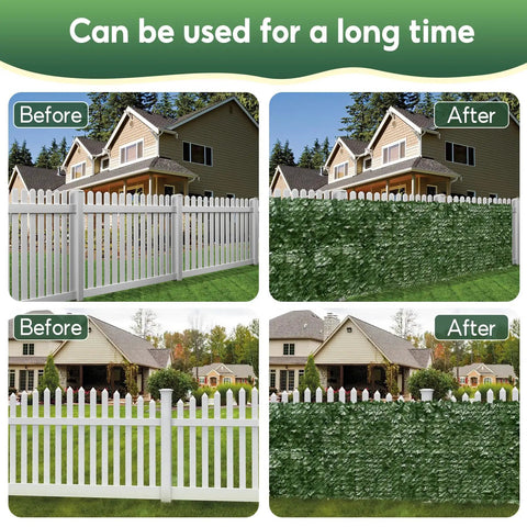 Artificial Ivy Privacy Fence Screen 120x40 Inch Faux Hedge Wall installation before and after images for outdoor decor