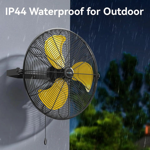 Heavy Duty 5400 CFM 20-Inch Outdoor Wall Mount Fan with high velocity air, showing waterproof design suitable for patios