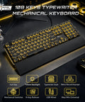 Slick Retro Typewriter Keyboard 108 Keys With Clicky Blue Switches And Yellow Backlight on a desk with gaming accessories.