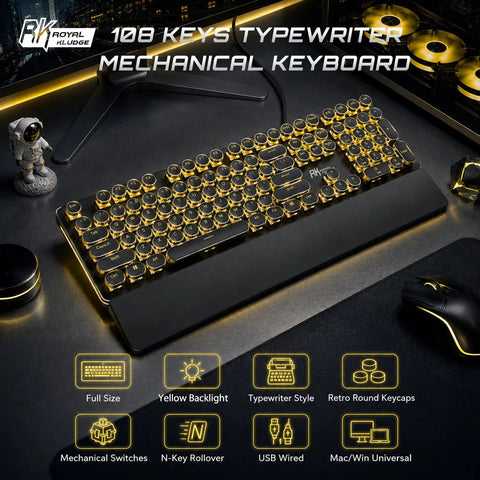 Slick Retro Typewriter Keyboard 108 Keys With Clicky Blue Switches And Yellow Backlight on a desk with gaming accessories.