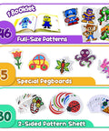 Awesome Fuse Bead Craft Kit for Kids With Pegboards and Pony Beads Pixel Art Set showing booklet, pegboards, and pattern sheets.