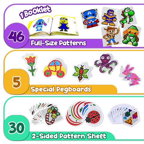 Awesome Fuse Bead Craft Kit for Kids With Pegboards and Pony Beads Pixel Art Set showing booklet, pegboards, and pattern sheets.