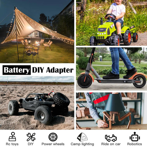 Collage showcasing Power Wheel Battery Adapter for 12V DIY RC Cars, toys, robotics, camp lighting with Milwaukee M12 connector kit.