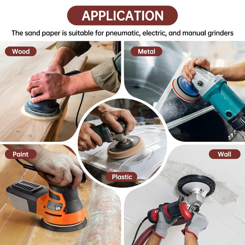Various applications of 110 Pcs 6 Inch Round Hook And Loop Sanding Discs Set With 6 Hole Design Grits 60 80 120 240 400