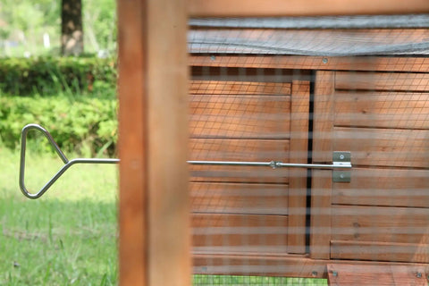 80 Inch Two Tier Chicken Coop With Nest Box Run And Ramp, Indoor Outdoor Poultry House latch detail, garden background view