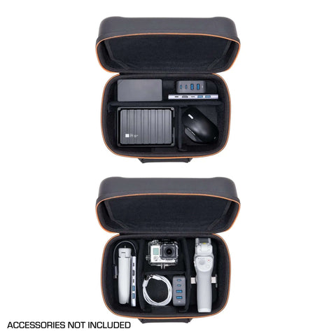 Heavy Duty Electronics Travel Crate With Custom Padded Dividers For Cables Chargers And Wireless Mouse semi rigid hard shell case open with organized tech accessories.