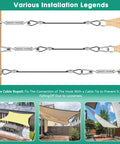 4 Pack 10ft Sun Shade Sail Hardware Kit with 304 stainless steel cable illustrating installation on posts with diagrams and photos