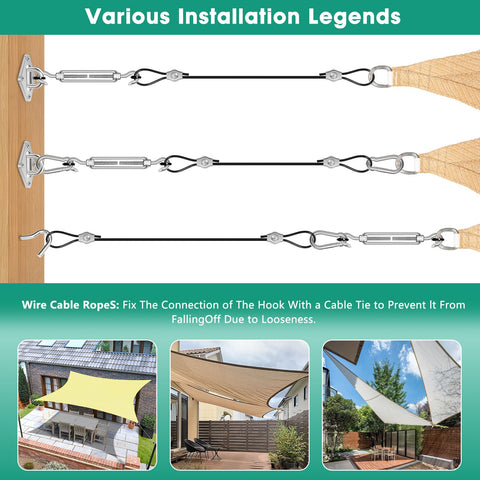 4 Pack 10ft Sun Shade Sail Hardware Kit with 304 stainless steel cable illustrating installation on posts with diagrams and photos