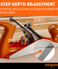Jorgensen No.4 10-inch wood plane with ductile iron body and orange handle, side view