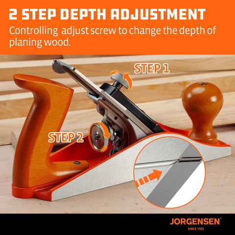 Jorgensen No.4 10-inch wood plane with ductile iron body and orange handle, side view