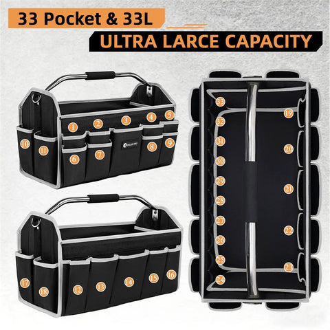 Built Tough 16 Inch Tool Bag For Men With Open Top Design showcasing 33 pockets and wide mouth utility tote in grey.