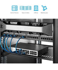 Heavy Duty 1U Server Rack Shelf With Vented Mounting Tray For 19 Inch Equipment Cabinets, features network switch with blue cables.