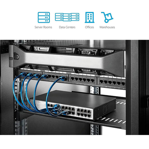 Built Tough 1U Server Rack Shelf Carbon Steel For 19 Inch Standard Network Cabinets With Fully Vented Frame For Sweet Airflow and Bulletproof Gear Placement installed with network switches in a server rack.