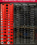 Manalete bolt and nut thread checker gauge on a red panel with 55 sizes and imperial/metric scales