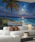 Beach Night Sky Oil Painting Photo Wallpaper With Ocean Rowing Theme Large Wall Mural For TV Backdrop And Chill Bedroom Or Living Room Decor 108 Inch Wide By 75 Inch High Dark Blue