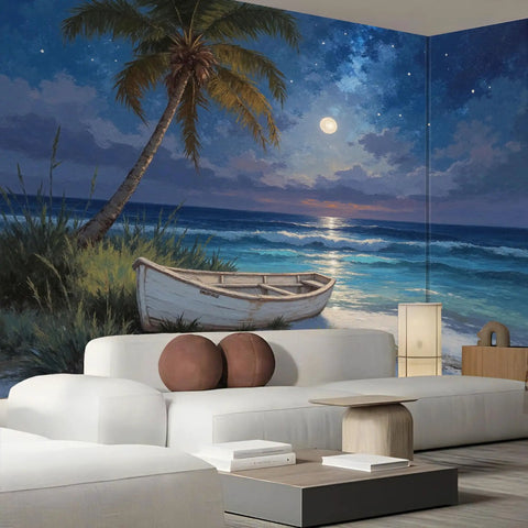 Beach Night Sky Oil Painting Photo Wallpaper With Ocean Rowing Theme Large Wall Mural For TV Backdrop And Chill Bedroom Or Living Room Decor 108 Inch Wide By 75 Inch High Dark Blue