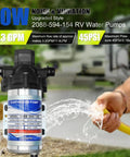 Road Ready Industrial Grade Diaphragm Water Pump With A Smooth One Hundred Fifteen Volt Motor Pushing 3.3 GPM And Forty Five PSI, showing water flow.