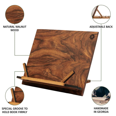 Walnut Wood Cookbook Stand Hands Free Reading For Kitchen Tablet Holder Adjustable Book And Recipe Stand with natural finish