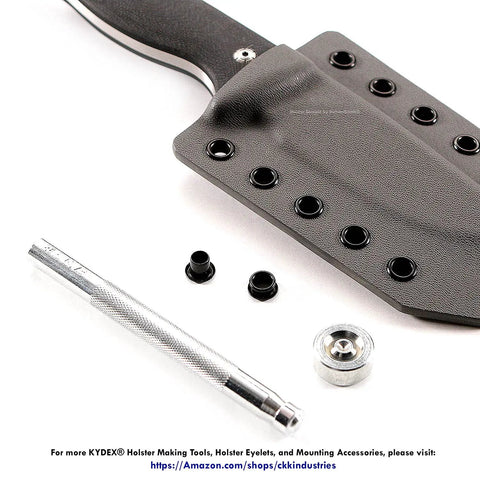Eyelet Hand Setter Size Six (3/16 Inch) With Base and Ram for Kydex Leather and Fabric Projects, tool and eyelets on sheath