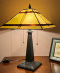 Cream Tiffany Style Table Lamp With 24 Inch Tall, 16 Inch Square Stained Glass Shade, Mission Desk Light For Reading And Home Decor, Dimmable With Pull Chain And Cord Dimmer, Resin Base on wooden desk.