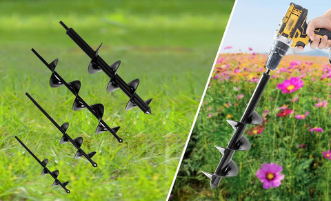 VASGOR 4-piece garden auger drill bit set for planting; black metal with 3/8 in hex drive; includes 9-16 inch long bits.
