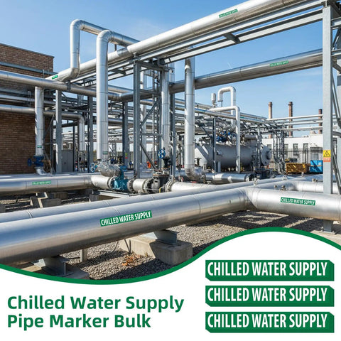 25 Pack Chilled Water Pipe Markers Vinyl Label Decals White On Green 14 Inch Long By 2 Inch High 1 1/4 Inch Letter Size Bulk For Factories And Labs Durable Weather Resistant Vinyl For Easy Identification Across Large Facilities on chilled water pipes