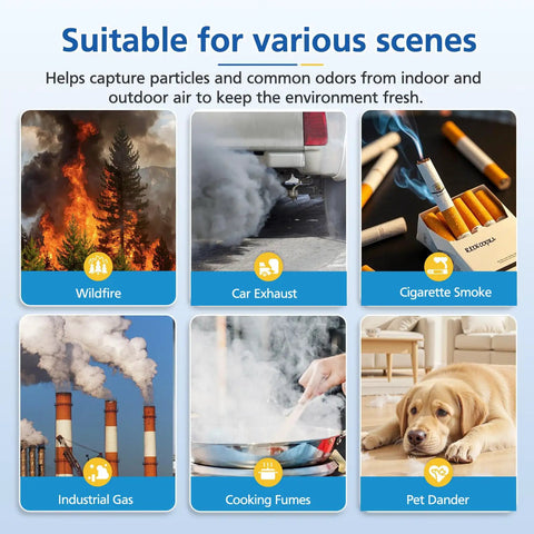 Infographic illustrating sources of air pollution suitable for 40 Replacement Filter For MA Series 40 Air Purifier With 3 In 1 Filtration